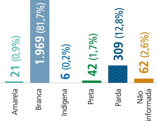 Amarela - 21 (0,9%) / Branca - 1969 (81,7%) / Indígena - 6 (0,2%) / Preta - 42 (1,7%) / Parda - 309 (12,8%) / Não informada - 62 (2,6%)