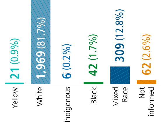 Amarela - 21 (0,9%) / Branca - 1969 (81,7%) / Indígena - 6 (0,2%) / Preta - 42 (1,7%) / Parda - 309 (12,8%) / Não informada - 62 (2,6%)