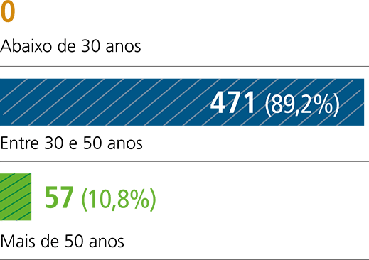 Abaixo de 30 anos - 0 (0%) / Entre 30 e 50 anos - 471 (89,2%) / Mais de 50 anos - 57 (10,8%)