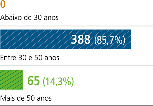 Abaixo de 30 anos - 0 (0%) / Entre 30 e 50 anos - 388 (85,7%) / Mais de 50 anos - 65 (14,3%)