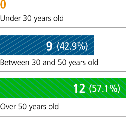 Abaixo de 30 anos - 0 (0%) / Entre 30 e 50 anos - 9 (42,9%) / Mais de 50 anos - 12 (57,1%)