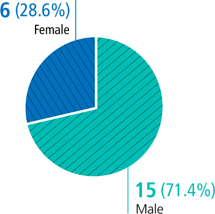 Feminino - 6 (28,6%) / Masculino - 15 (71,4%) 